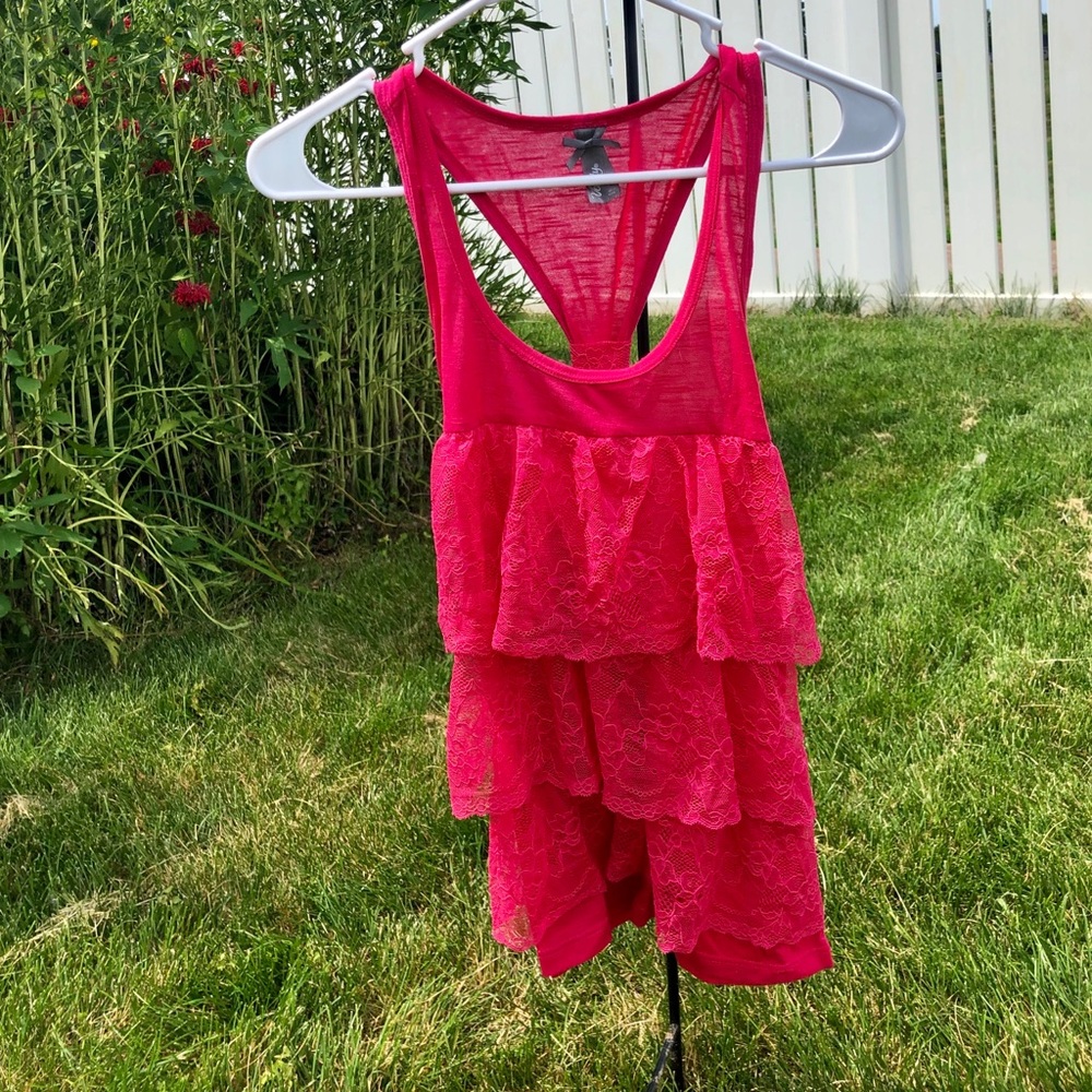 Pink-Ruffle-Lace-Tank Top